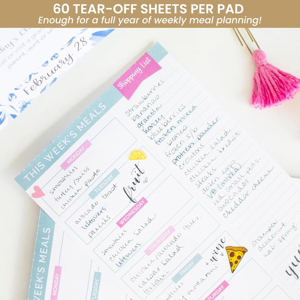 bloom daily planners Weekly Meal Planning Pad - Magnetic Hanging Refrigerator Menu Planner with Tear-Off Sheets & Perforated Grocery Shopping Lists -