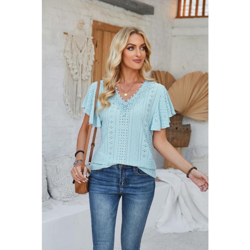 Women's Spring and Summer New Products, Lace V-neck, Ruffled Sleeves, Solid Color Loose T-shirt