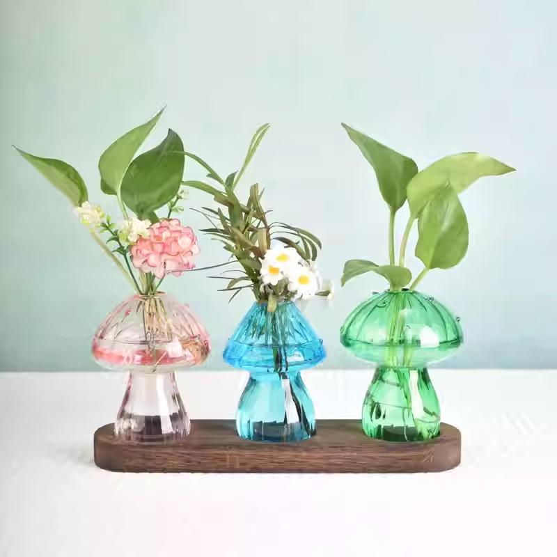 Modern Colorful Mushroom Glass Vase - Exquisite Art Ornament for Living Room, Small Hydroponic Container