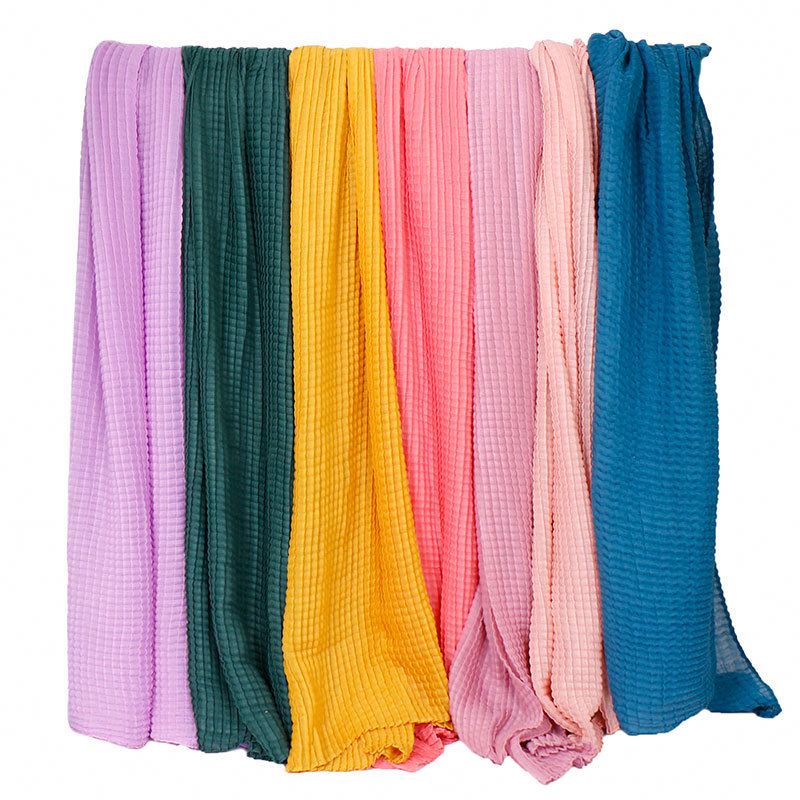 Women Pleated Viscose Cotton Muslim Wrinkle Scarves Plain Crinkle Plaid Stretchy Head Wraps Hijab Shawls