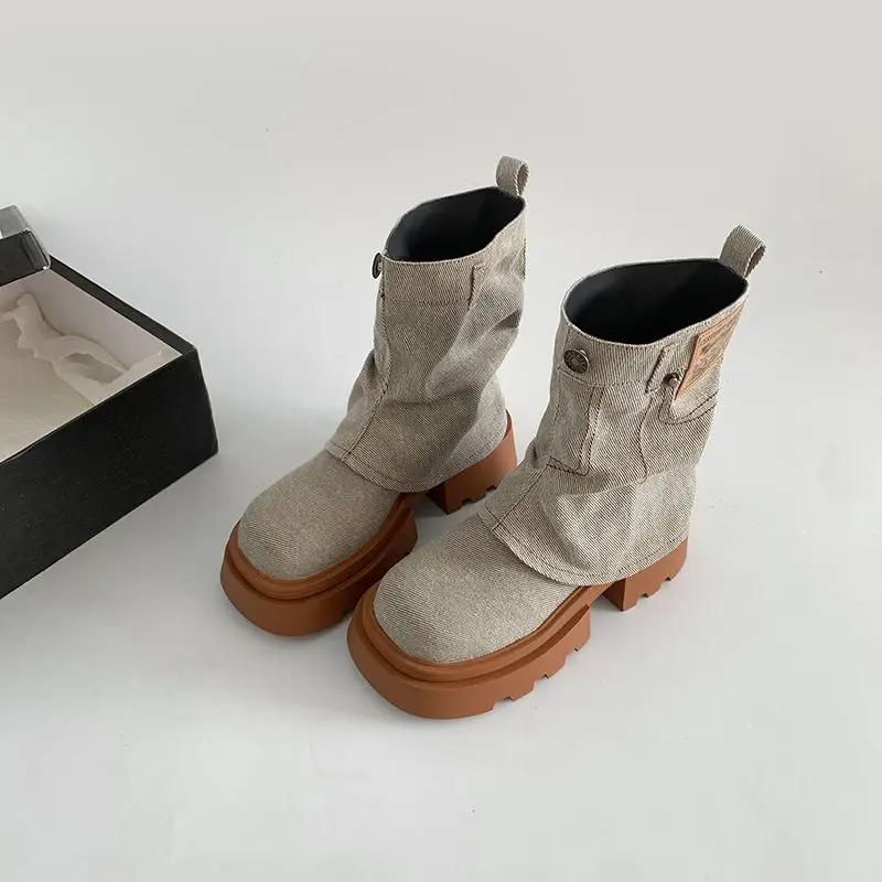 

Женские полусапоги с круглым носком в западном стиле на платформе, женские сапоги до середины икры, панк из искусственной кожи, новая мода 2024, удобные и элегантные, шик 35