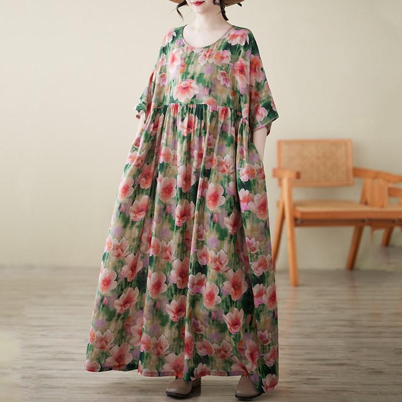 

Новое винтажное платье с цветочным принтом больших размеров с коротким рукавом для женщин, повседневное свободное длинное летнее платье макси