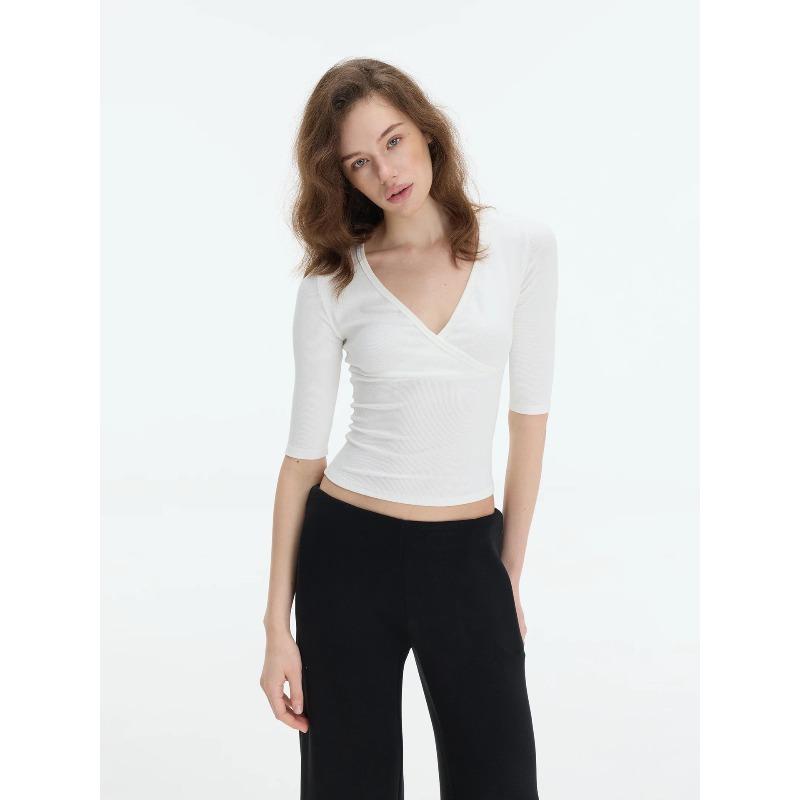 GlowGirl Elegant Pure Color Slim Fit Cross Collar Mid Sleeve T-Shirt Women's Summer Fashion Casual Cotton Blend V-neck Top