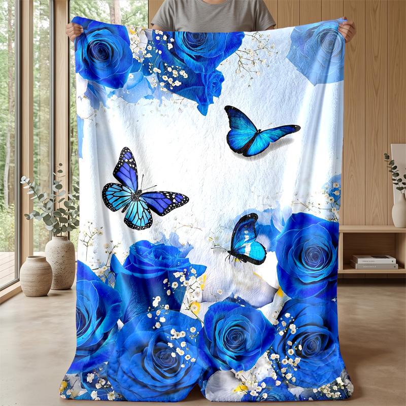 Blue Rose and Butterflies at Night blanket Personalized Name Flannel Blanket Soft Cozy Plush Throw for Sofa Bed Lightweight Home Decor