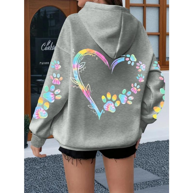 Heart Dog Paw Printed Hoodies Women Casual Fashion All Match Hoody Warm New Pullovers Trend Hooded Sweatshirts