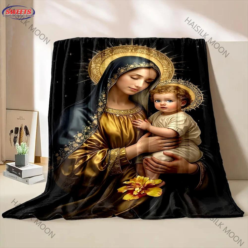 3D Panna Maria Modlící se Křesťanský Bůh Flanelová Umělecká Deka Přehoz na Pohovku Postel Kancelář Čtyři Roční Období Měkká Nadýchaná Prošívaná Deka Flanelový Přehoz