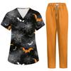 Women's Uniform Set with Halloween Print, Short Sleeve Top and Pants with Pockets, 2-Piece