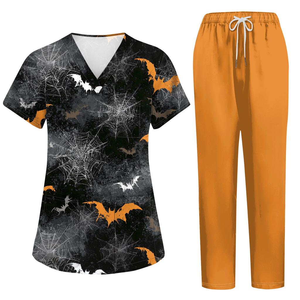 Women's Uniform Set with Halloween Print, Short Sleeve Top and Pants with Pockets, 2-Piece