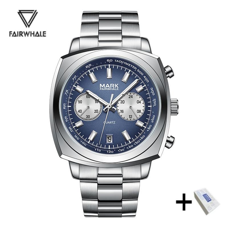 Mark Fairwhale 5900 New Mens Watch Stainless Steel Square Dial Chronograph Business Waterproof Quartz Watch Relogios Masculino