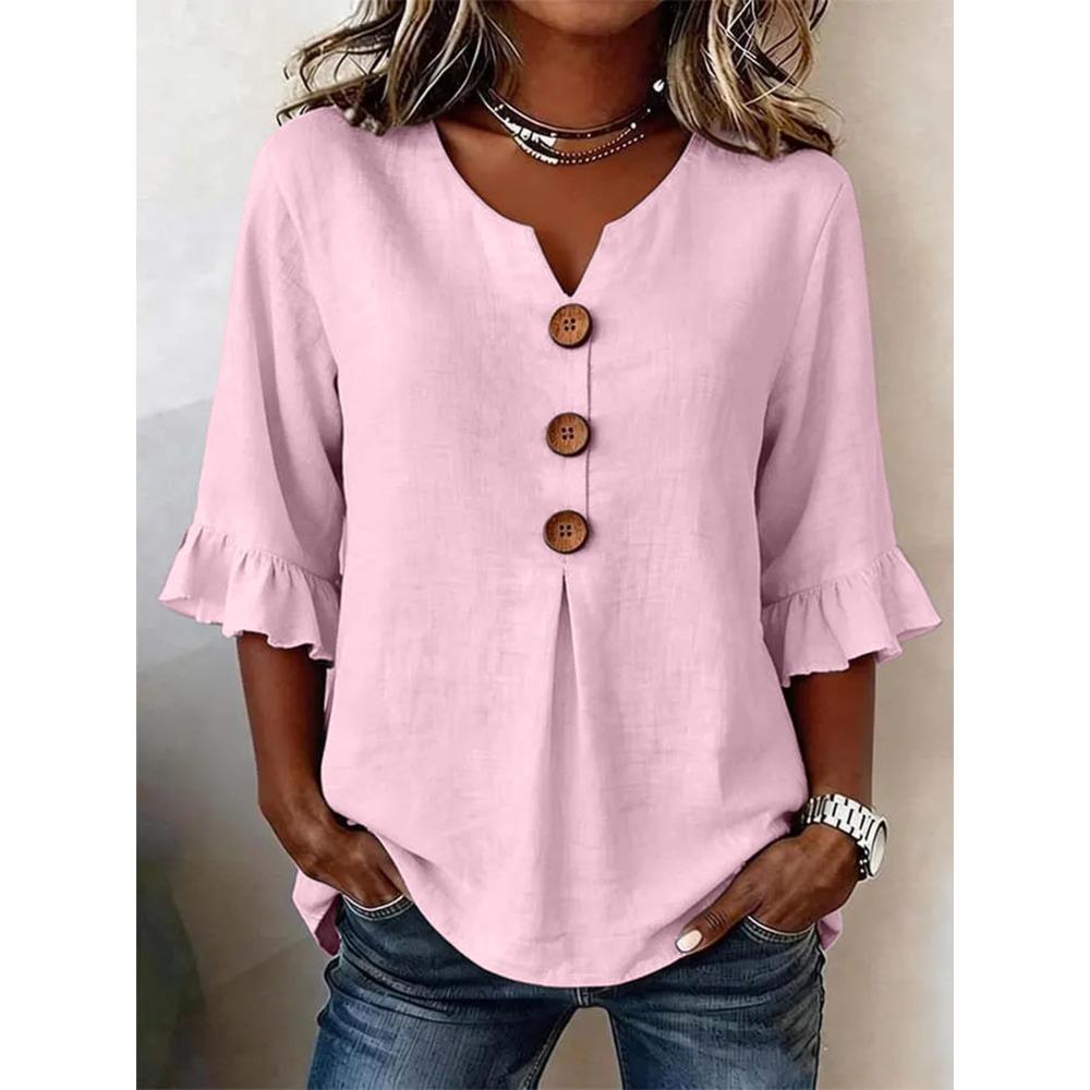 Women V Neck Button Blouse, Spring Summer Casual Top