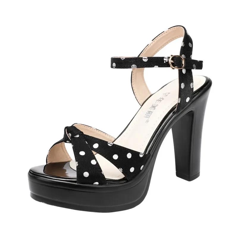 8cm 10cm Small Size 32-43 Elegant Polka Dot Shoes Summer Platform Sandals 2025 Womens Block High Heels Sandals for Office Model
