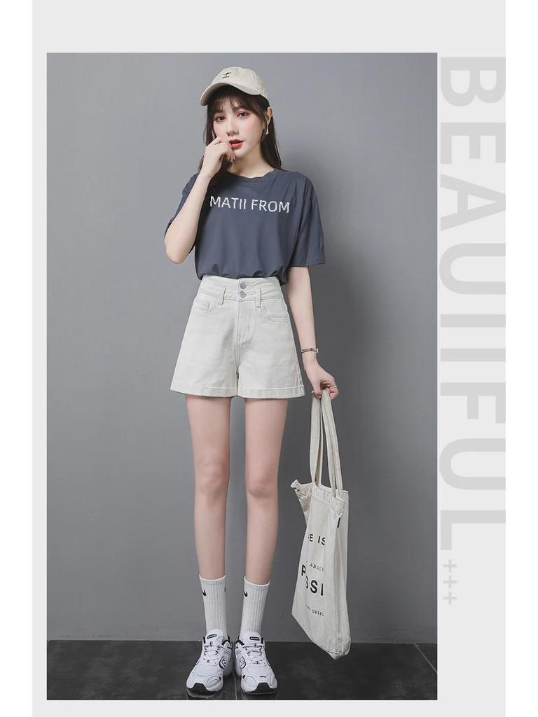 Women's High-Waist A-Line Denim Shorts - Summer Thin Style, Double Button, Loose Fit, Rolled Hem, Versatile & Slimming.