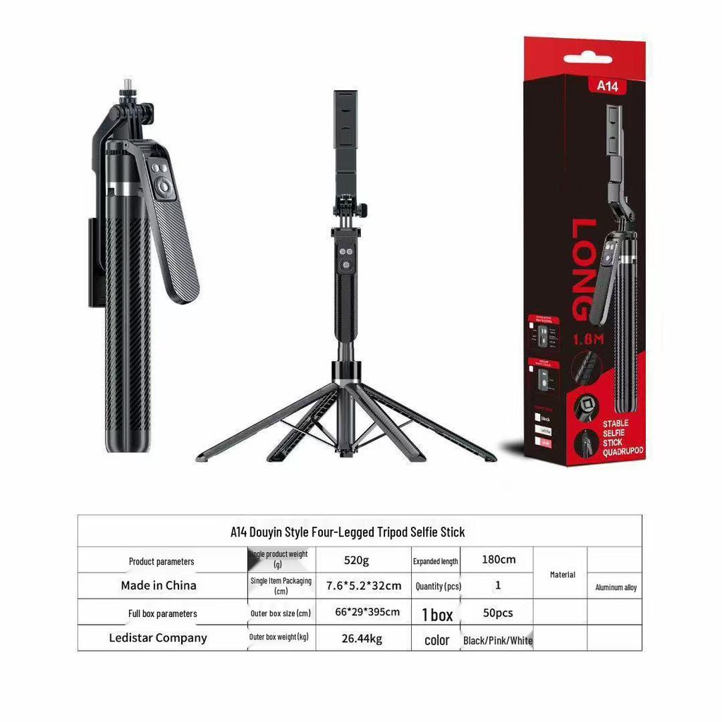 A14 Pink Bluetooth Selfie Stick with Remote, Aluminum Alloy, 1.8m, Four-Leg Support, Beauty Fill Light for Live Broadcast.