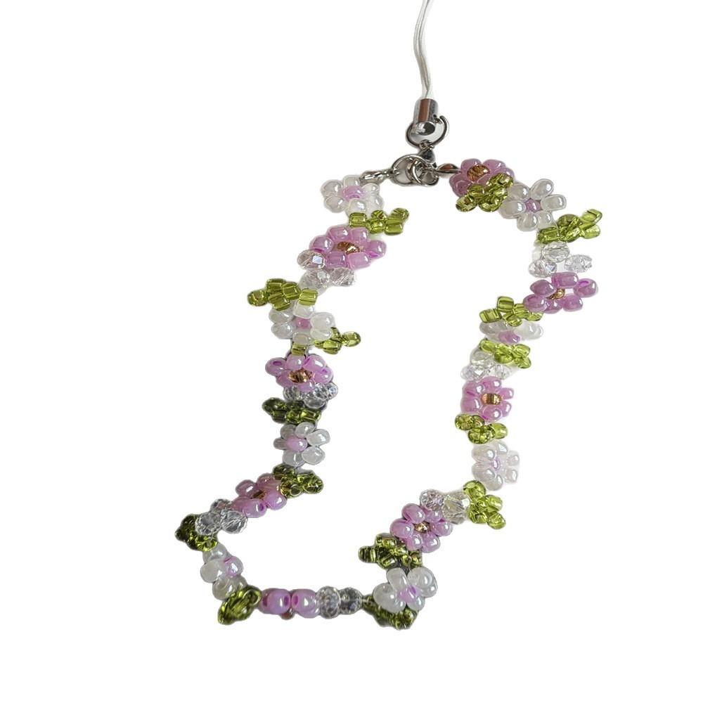 Handmade Girl Phone Lanyard With Floral Green Leaf Beads Pvc Cord For Smartphone Accessories