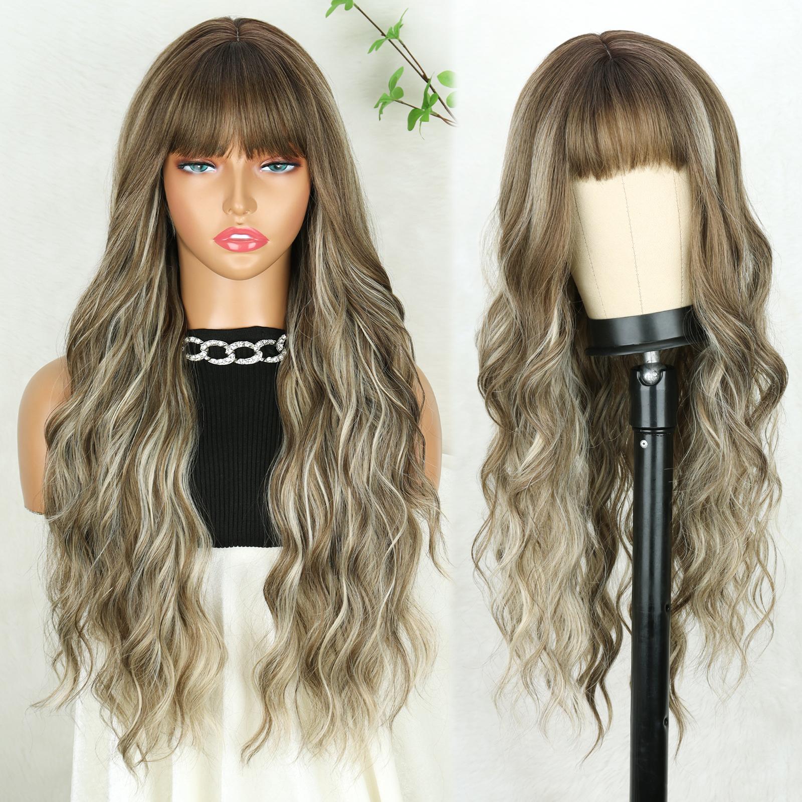 

MISS WIG Синтетические длинные черные парики с челкой Натуральные волнистые волосы Парик для женщин Ежедневный косплей Вечерние термостойкие 65cm