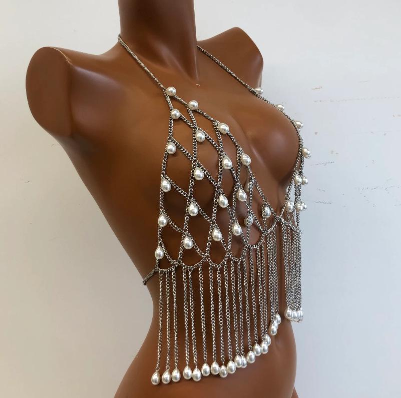 Handmade Waterdrop Pearl Tassel Body Chain with Hollow Design