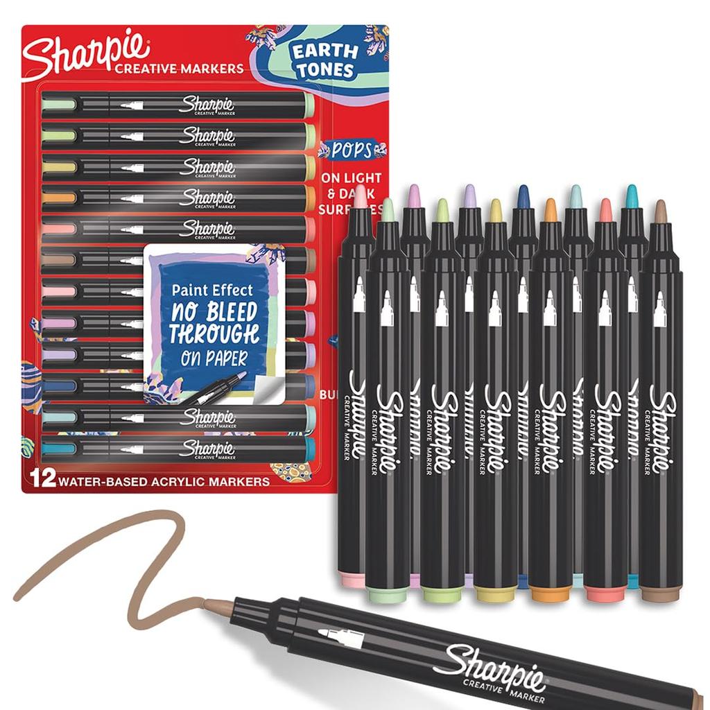 Sharpie Acrylic Earth Tones and Mineral 12 Art Marker Medium Pigment 2209910 Markers, Pigments, Colors, F, Tip, Water-Based Ink,