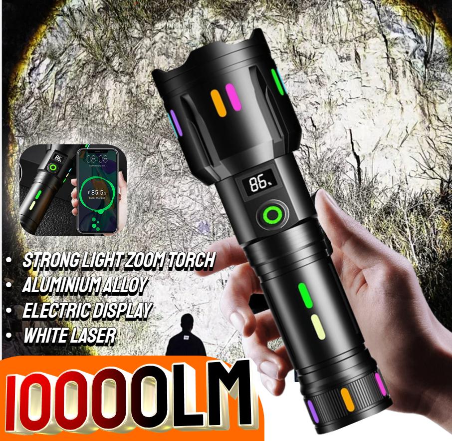 High Power 10000LM Spotlight Long Range LED 26650 Flashlight With Luminous StripsTail Glass Breaker Zoom Torch Camping Emergency