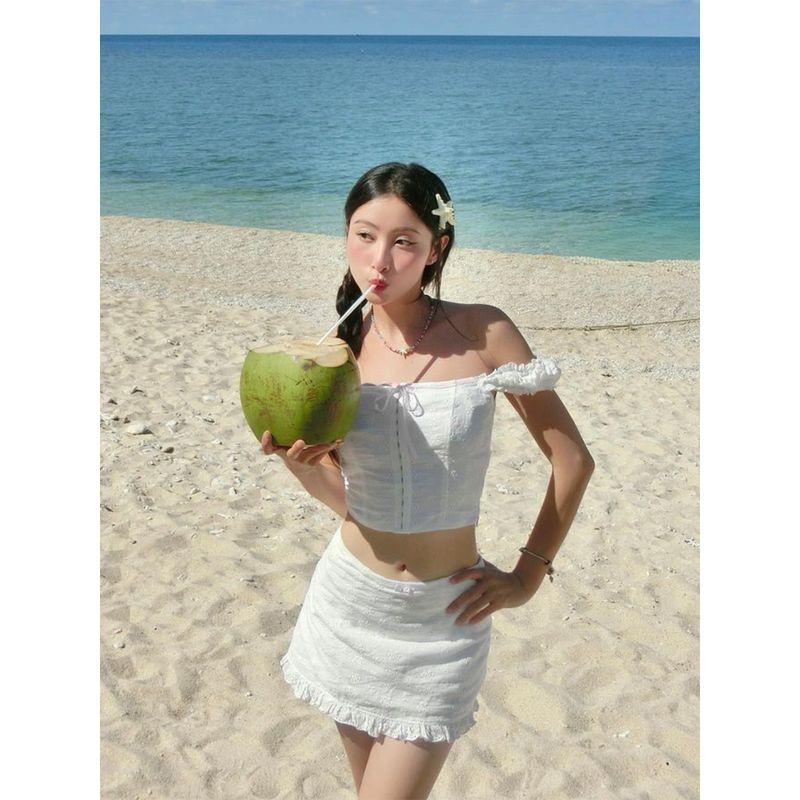 Moonlight Sweetheart French Style Young Adult Atmosphere off-Neck Embroider Small Top Bows Skirt Sexy Suit