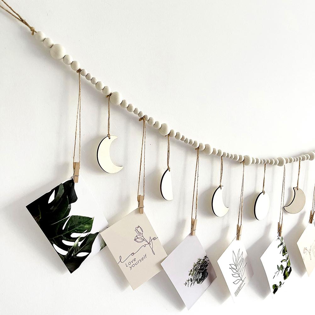 130cm Photo Garland With Wooden Beads Moon Tags 3 Sizes Wall Mounted Photo Clip String For Bedroom Office Dorm Party Decor
