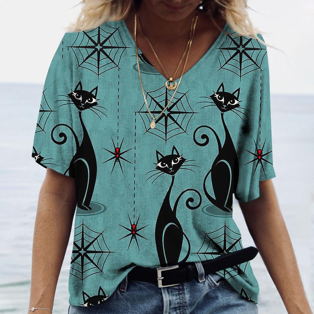 Summer V-neck 3D Cat Printed Top Fashionable Casual Short Sleeved Women's T-shirts
