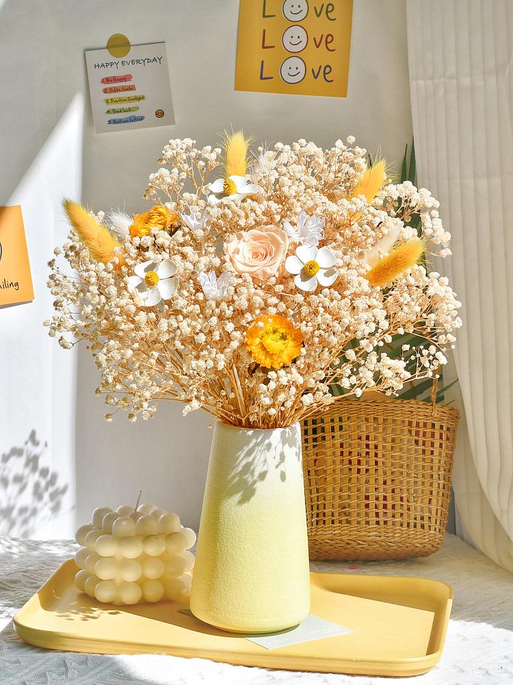 Eternal Rose & Baby's Breath Dried Flower Bouquet - Natural Living Room Display Ornament