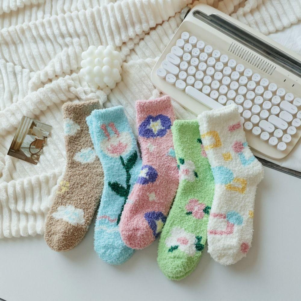 Female Hosiery Coral Velvet Socks Plush Sleeping Socks Comfortable Flower Pattern Socks  Thicken