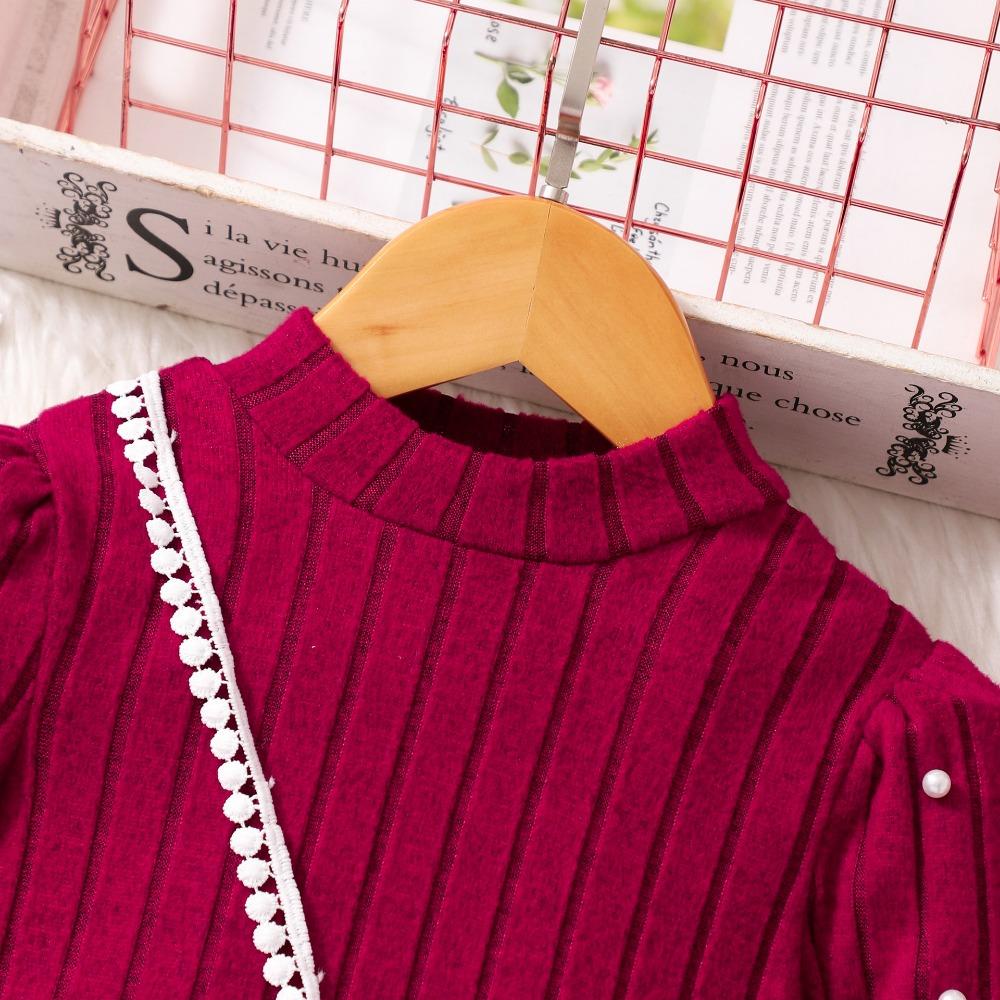 4-8Y Girls' High-Neck Long-Sleeve Solid Color Knit Dress Children's Fall/Winter Fashion Beaded Dress