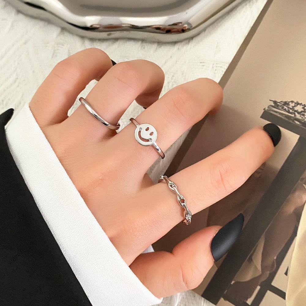 Ensemble de 3 bagues découpées Smiley pour filles, bagues élégantes et tendance, ornements cadeaux exquis