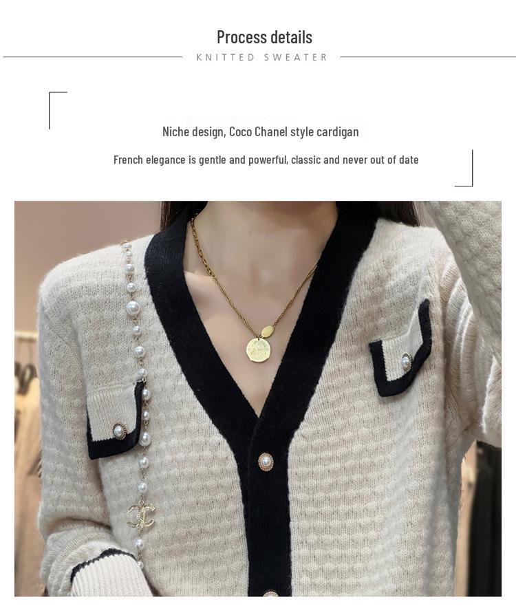 2025 A/W Women's V-Neck Color Block Tweed Knit Cardigan Sweater - Long Sleeve Base Layer