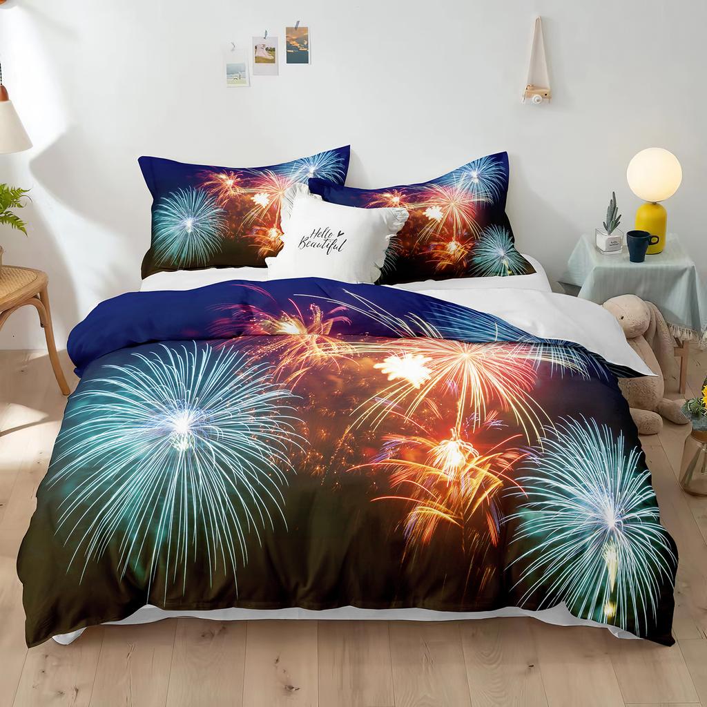 Blue Fireworks Duvet Cover Set 3D Romantic Theme Beautiful City Night New Year Festival Accessories for Kids Teens Bedroom Decor