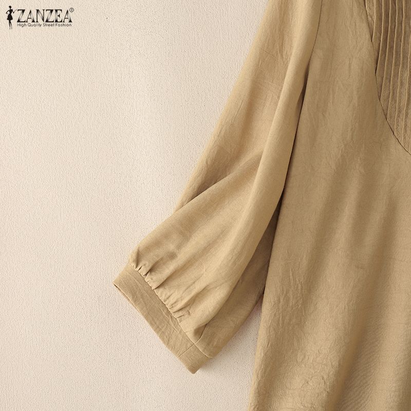 ZANZEA Blusa informal de mujer con cuello redondo, color liso, manga 3/4