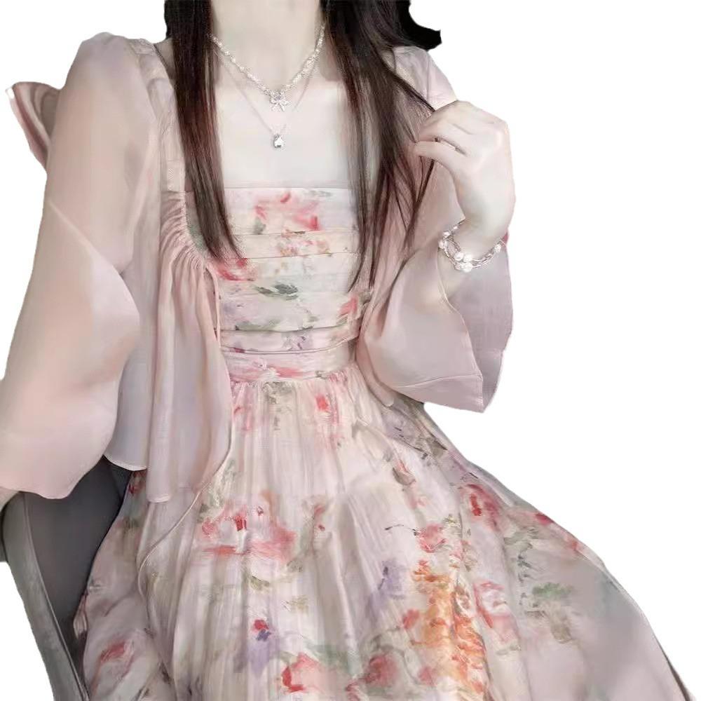 French Floral Summer Strapless Dress & Sunscreen Shirt Set for Women