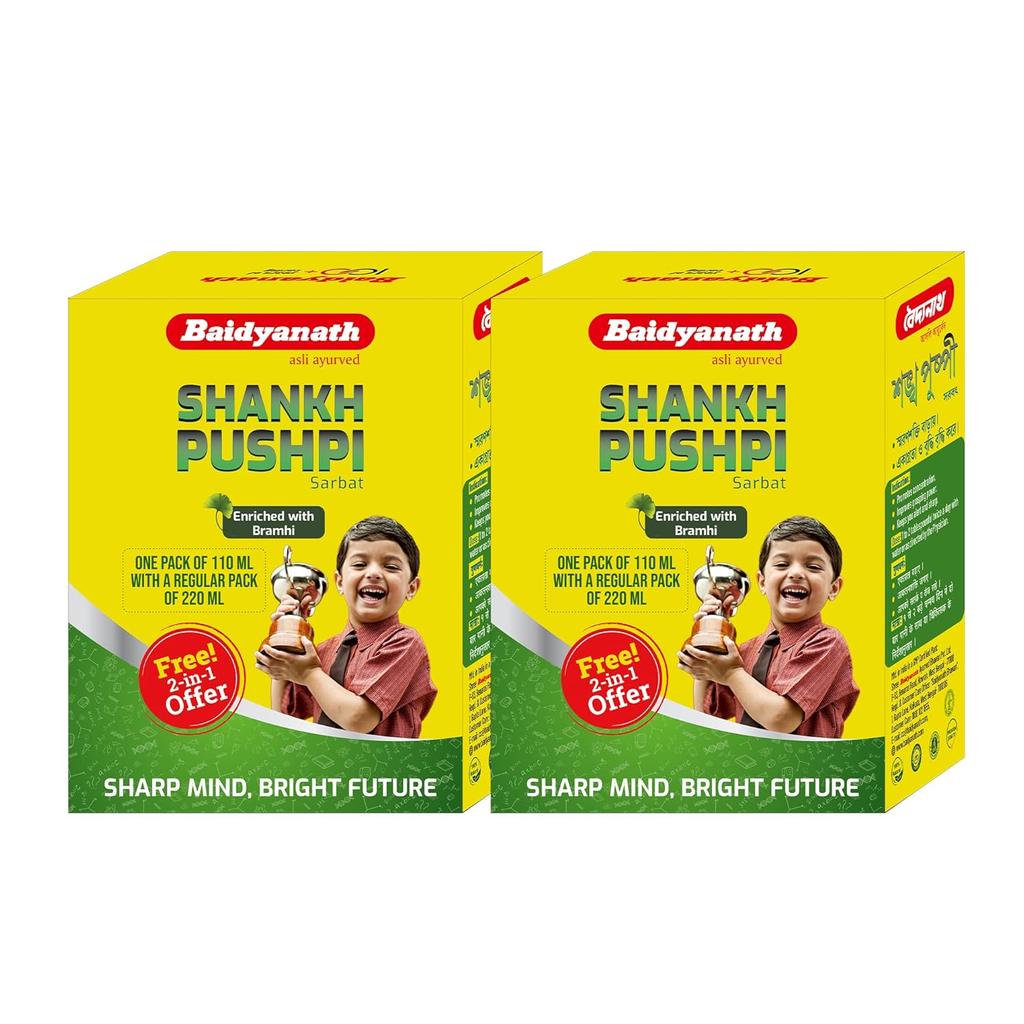 Baidyanath Shankhapushpi Sharbat 220 ml + Free 110 ml X Pack of 2 | Herbal Brain Tonic For Focus, Memory & Mental Alertness