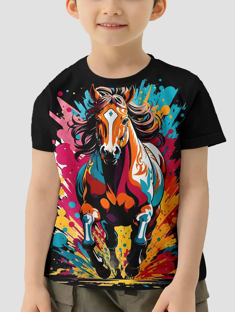 Children's Boy's Clothing Design Horse Riding T-shirty Korean Children's Clothes 2024 Kids Spring Clothes Child T-shirt Top Boys