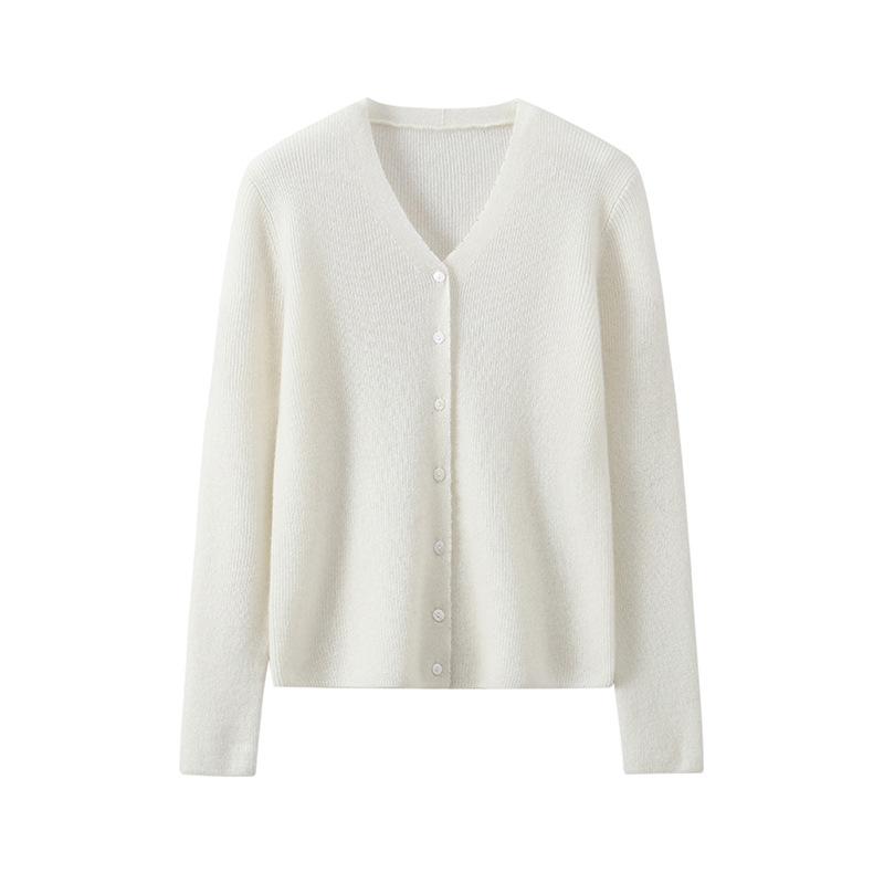 Early Autumn New 100 Cashmere Drawn V-Neck Placket Beaded Cardigan Showing Thin Temperament Elegant Coat Shirt