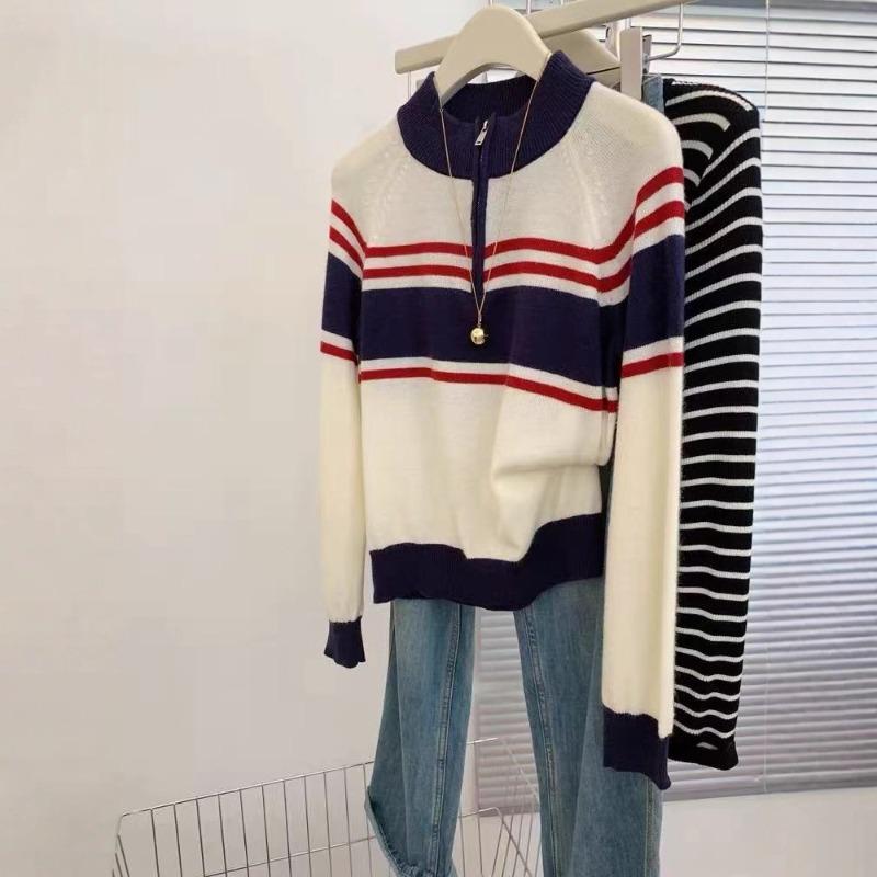 Pre-fall half-zip stand-up collar striped long sleeve knit for women's new high-end cropped top design sense