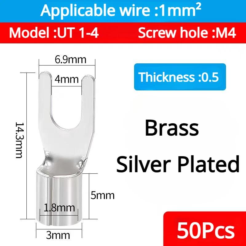 50PCS UT1.5 -10 Non-Insulated Ring Fork U-Type Terminal Tin-Plated Copper Terminals Assortment Kit Cable Wire Connector Crimp