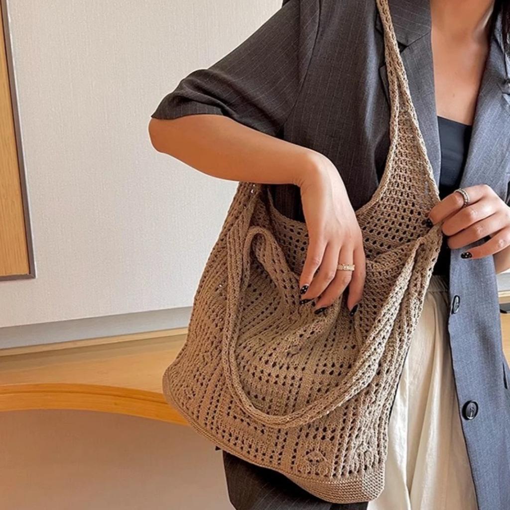 Fashion Crochet Tote Bags for Women's Mesh Hollow Out Knitted Casual Shoulder Bag Ladies Shopping Bag Top-Handle Bags Handbags