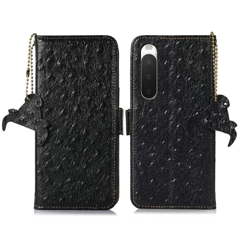 Voor Sony Xperia 10 IV 5G Hoes RFID Blokkerend Echt Koeienleer Telefoonhoes Struisvogeltextuur
