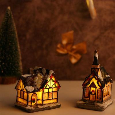 Home Decor New Year Figurine Mini Resin Craft Luminous Christmas Decoration Village House Ornament LED Light