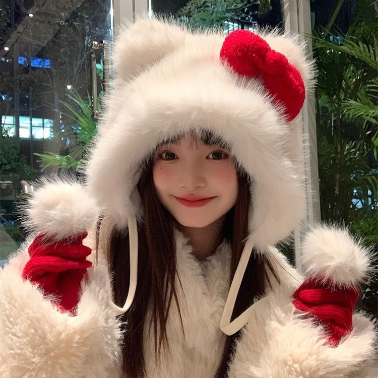 

Шапка-ушанка Hello Kitty с красным бантом, женская зимняя плюшевая шапка, утолщенная, теплая и морозостойкая белый
