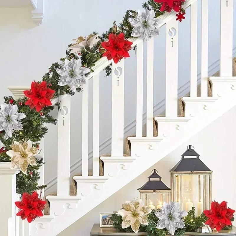 100pcs Glitter Artifical Christmas Flowers Mreey Christmas Tree Decoration Happy New Year Ornaments Xmas Fake Flowers natal