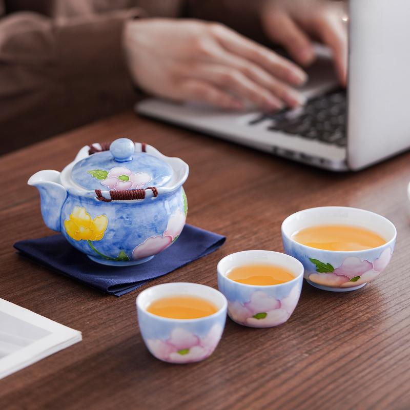 Hand-painted peony travel tea set, one pot and two cups, outdoor portable express cup, ceramic bubble teapot, teacup.
