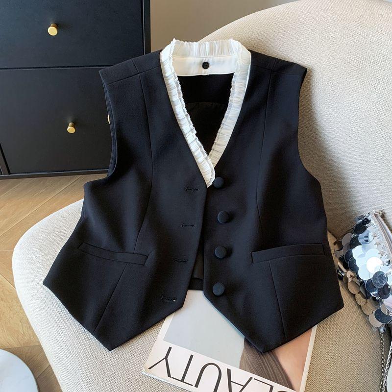 

Spring Autumn Sleeveless Suit Vest V-neck Lace Slim Shoulder Jacket Fashionable Commuting Office Lady Vest For Working Women M чорний