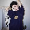 Plus Size Navy Blue Retro Cotton T-Shirt for Women - Summer Half-Sleeve Trendy Top