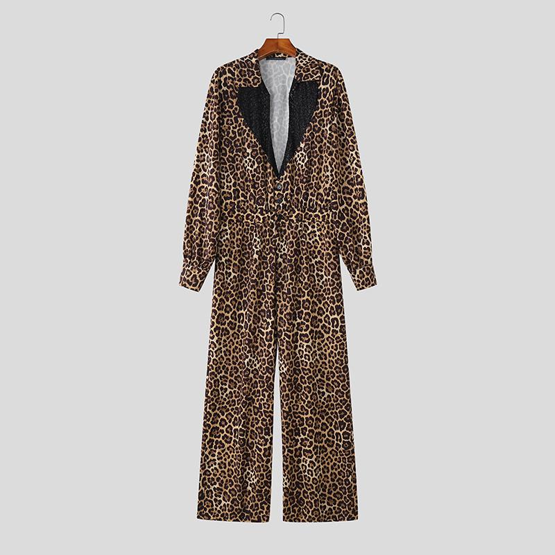 

INCERUN Мужские комбинезоны с глубоким V-вырезом, длинным рукавом, кружевной вставкой, леопардовым принтом, повседневные S хаки