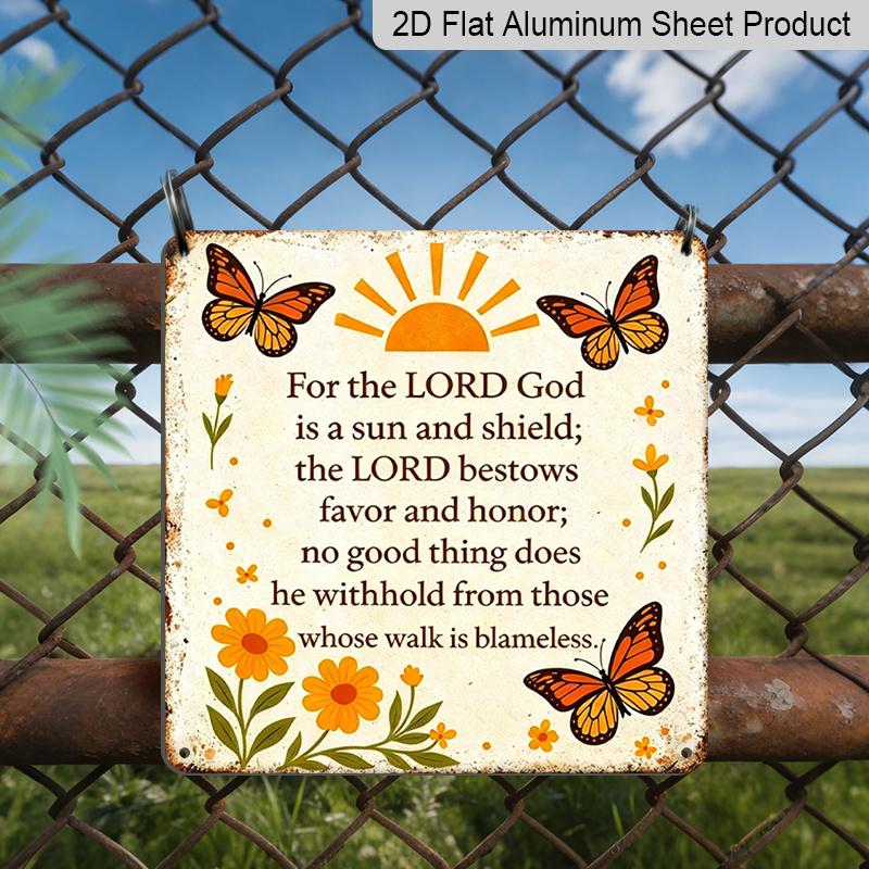 

2D Flat, 1pc Vintage Aluminium Metal Sign, Outdoor Decorative Wall Sign, Retro Tin Sign Style, Christian Bible Verse Wall Decor, The Lord Is Sun and 20*20cm