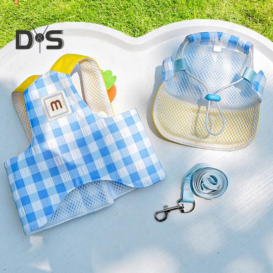 Conjunto de 3 peças para filhotes de verão, chapéu de sol ajustável, arnês e guia com decoração de pelúcia de desenho animado para gatos e cães de pequeno e médio porte