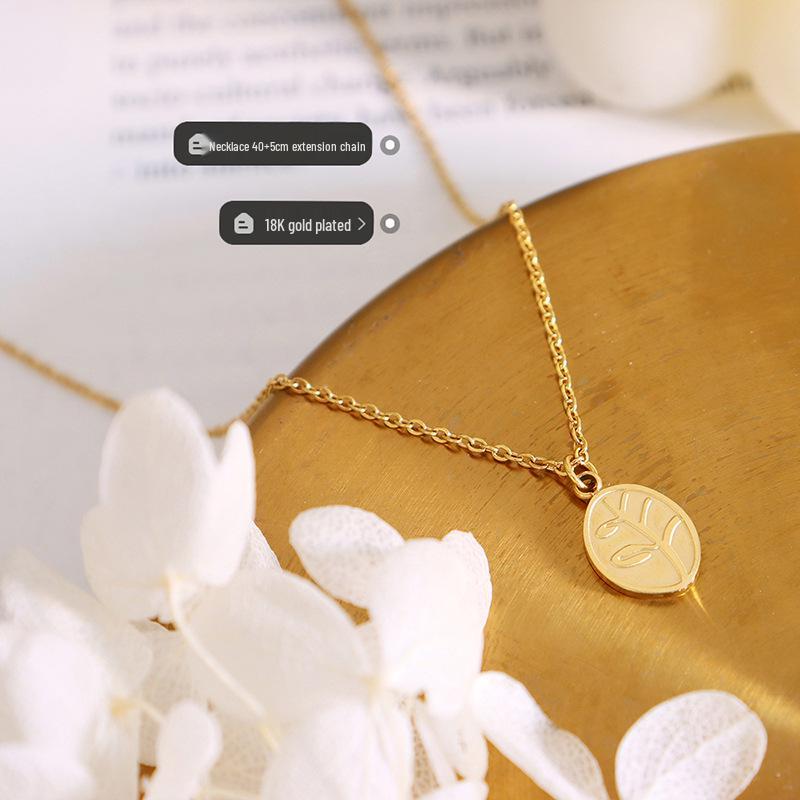 Leaf Oval Pendant Necklace for Women - Gold Plated, Fade-Resistant Titanium Steel